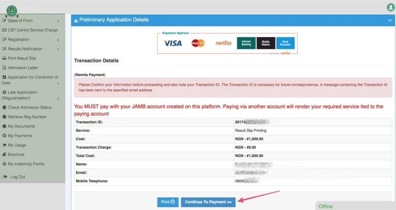 JAMB original result slip payment page